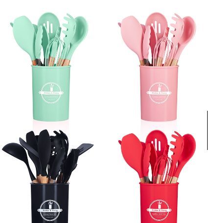 Silicone & Wood Kitchen Utensil Set with Holder