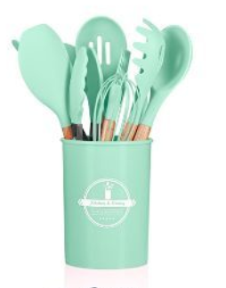 Silicone & Wood Kitchen Utensil Set with Holder