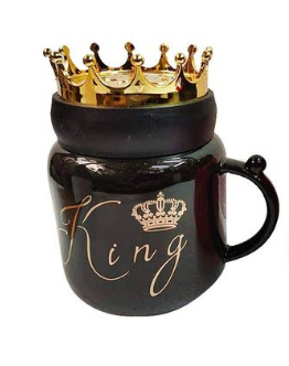 Premium King & Queen Ceramic Mugs with Gilded Crown Lids