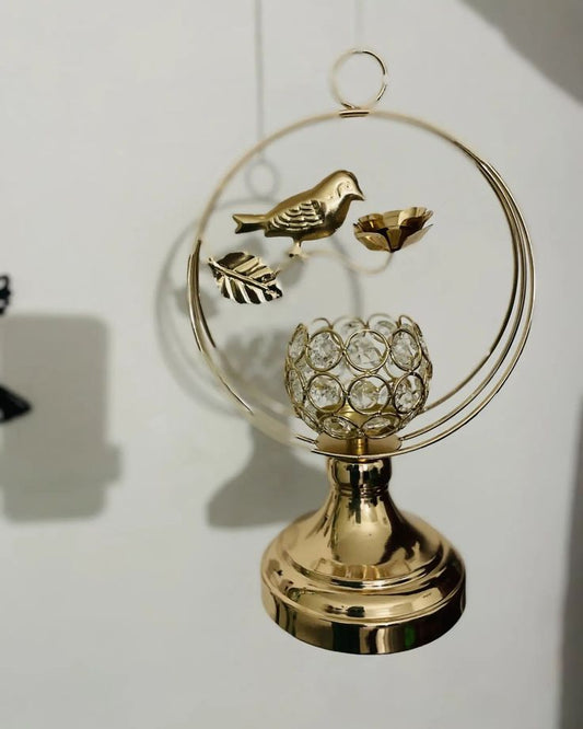 Golden Bird & Crystal Candle Holder