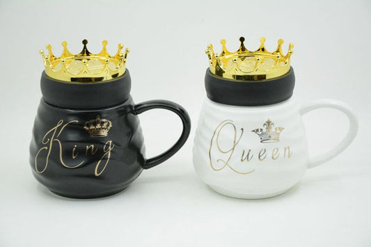 Premium King & Queen Ceramic Mugs with Gilded Crown Lids