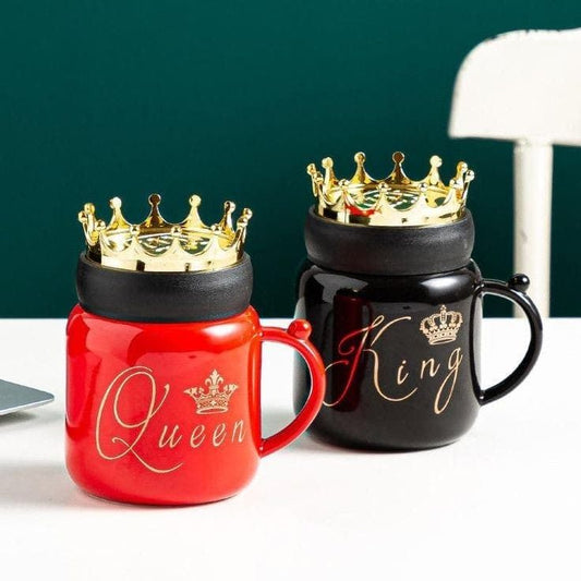Premium King & Queen Ceramic Mugs with Gilded Crown Lids