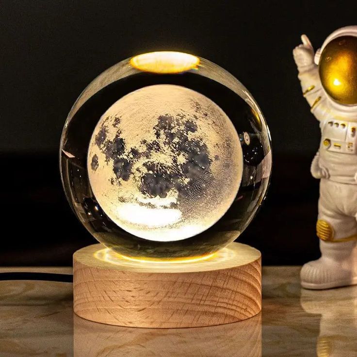 Crystal Ball Moon Night Light with LED Wood Base