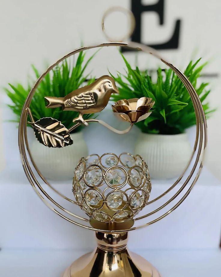 Golden Bird & Crystal Candle Holder