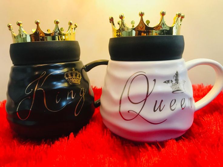 Premium King & Queen Ceramic Mugs with Gilded Crown Lids