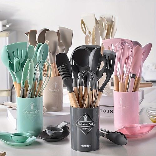Silicone & Wood Kitchen Utensil Set with Holder