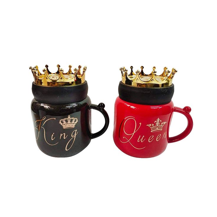 Premium King & Queen Ceramic Mugs with Gilded Crown Lids